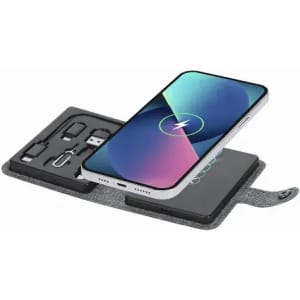 A phone charging pad with a sleek design, featuring a smartphone and various charging accessories in black and grey.