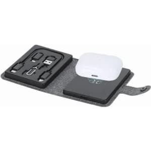 A tech accessory kit featuring a grey folio case, various connectors, and a white charging pod.