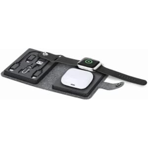A tech organiser featuring a smartwatch, wireless earbuds, and various charging cables on a grey fabric base.