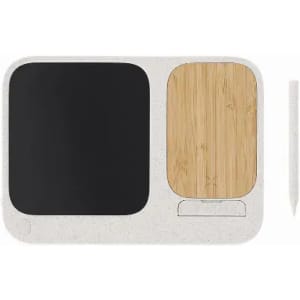 A desk organiser featuring a black surface, a bamboo section, and a white stylus on the side.