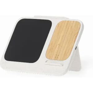 A device stand with a white base, a black surface, and a bamboo detail, designed for functionality and style.