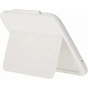 A phone case in white with a textured back for grip and a stand feature. It has branding on the side.