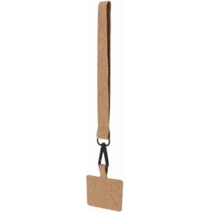 A lanyard made from natural cork with a rectangular holder for identification cards, featuring a black clip.