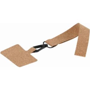 A gardening label made of brown cork with a black strap for securing it in place.