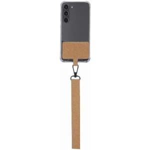 A smartphone case with a cork card holder attached by a strap. The case is clear, showcasing the phone's colour.