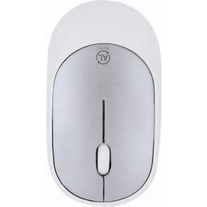 A computer mouse with a silver body and white accents. It features a logo on the top.