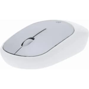 A wireless mouse in white and light grey, featuring a sleek design and a central scroll wheel.