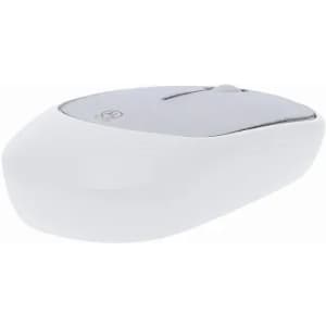 A wireless mouse with a smooth white finish and a silver top, featuring a logo on the surface.