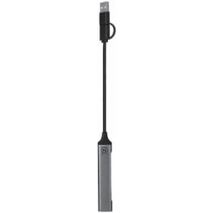 A USB charging cable with a sleek grey design and a loop for easy storage. Features a logo on the side.