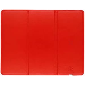 A red drink bottle featuring a sleek design and a logo. It has three sections and a smooth surface.