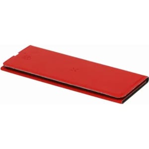 A sleek, red wallet with a simple design, featuring a logo and a fold-over closure.