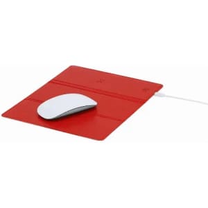A mouse pad in bright red with a white mouse resting on it, featuring a sleek, minimalist design.