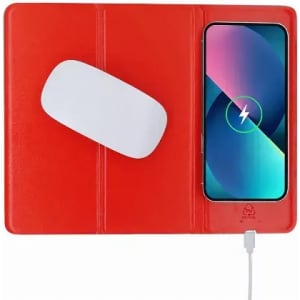 A red charging pad with a white wireless mouse and a smartphone displaying a charging icon. It features a logo.