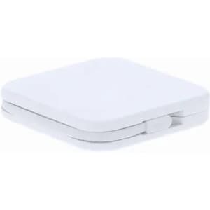 A compact white container with a smooth finish and a secure clasp. It features a simple design.