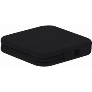 A compact, square black case with a smooth surface, featuring a hinge for opening and closing.