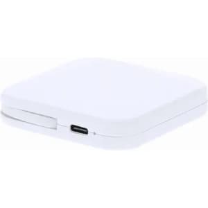 A white wireless charger with a sleek, square design and a USB-C port. It features a simple branding logo.