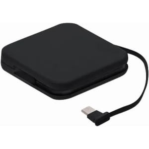 A square black portable charger with a USB cable attached, featuring a smooth finish and compact design.