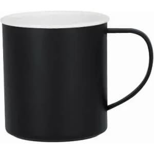 A drink bottle featuring a sleek black exterior and a white interior, with a simple handle and a minimalist design.