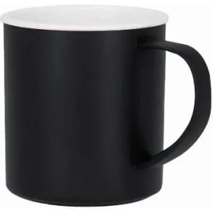 A drink bottle in black with a white lid and a sturdy handle, featuring a branded logo.