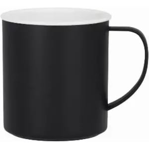 A drink bottle with a matte black body and a white rim, featuring a curved handle and a minimalist design.