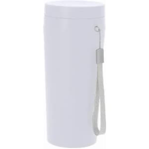 A drink bottle in white with a lid and a grey strap attached for easy carrying. It features a logo.