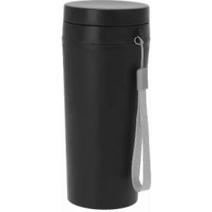 A drink bottle in sleek black with a removable lid and a grey carrying strap. It features a logo on the body.
