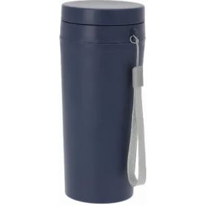 A drink bottle in navy blue with a sleek design and a grey strap for easy carrying. It features a lid on top.