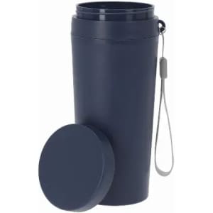 A drink bottle in navy blue with a detachable lid and a carrying strap. It features a simple, sleek design.