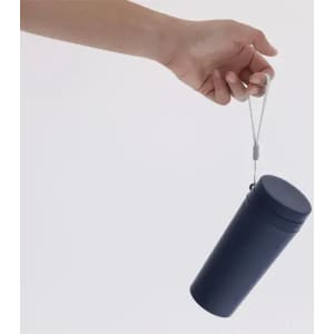 A drink bottle in a sleek navy blue with a secure lid and attached strap for easy carrying. It features a logo.