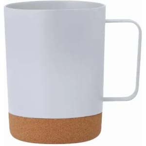 A drink bottle featuring a white body with a cork base and a handle, showcasing a modern design.