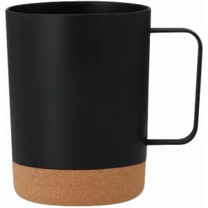 A drink bottle featuring a black metal body and a cork base, with a minimalist design and a handle.