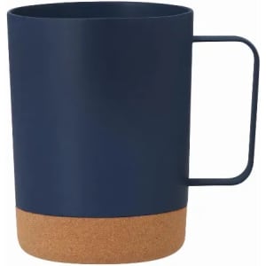 A drink bottle in navy blue with a cork base and a simple handle. It has a sleek, modern design.