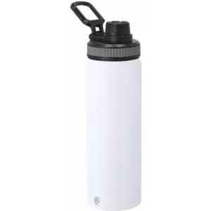 A drink bottle in white with a black screw cap and a handle, featuring a logo on the base.