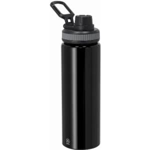 A drink bottle in black with a grey lid and a handle, featuring a logo. Ideal for hydration on the go.