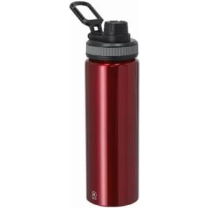 A drink bottle in shiny red with a black lid and handle, featuring a logo on the base.