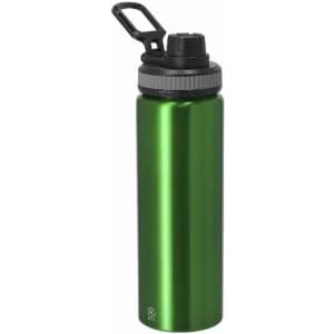 A green drink bottle with a black cap and a handle, featuring a logo on the bottom.