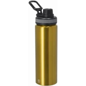 A drink bottle in metallic gold with a black lid and a handle for easy carrying. It features a logo on the base.