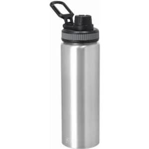 A drink bottle with a silver stainless steel body and a black lid featuring a sturdy handle.