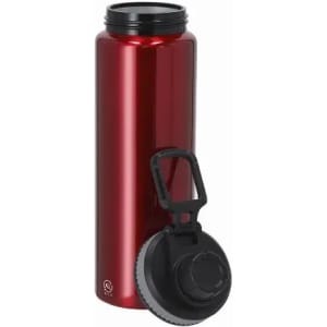 A drink bottle in shiny red with a black screw-on lid and a removable black handle. It features a logo on the side.