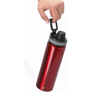 A drink bottle in shiny red metal with a black lid and a clip handle for easy carrying.