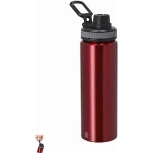 A drink bottle in a shiny red finish with a black spout and a carrying handle, featuring a logo.