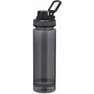 A drink bottle in transparent grey with a black lid and handle, featuring a branding logo.