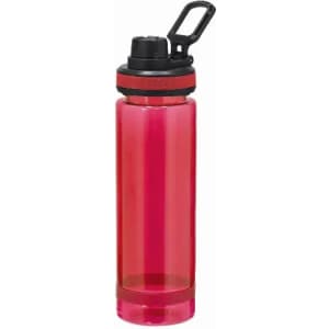 A drink bottle in a vibrant pink colour with a black lid and handle, featuring a simple branding logo.