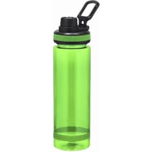 A drink bottle in translucent green with a black lid and handle, featuring a textured grip band.