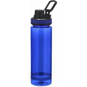 A drink bottle in vibrant blue with a black lid and a carrying handle. Features a logo on the side.