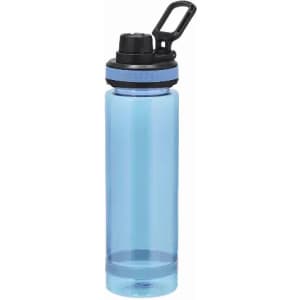 A drink bottle in translucent blue with a black lid and handle, featuring a logo on the side.