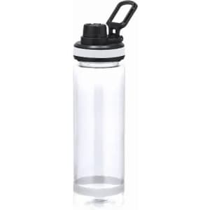 A drink bottle with a clear body and black lid, featuring a clip handle and a minimalist design.