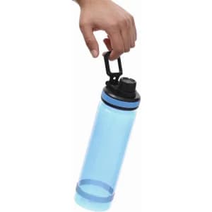 A drink bottle in transparent blue with a black lid and a clip for easy carrying.
