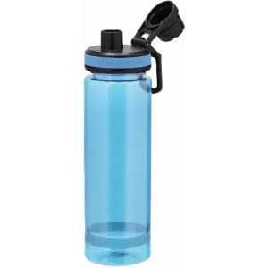 A drink bottle in shades of blue with a black lid and a handle, featuring a simple design and a logo.