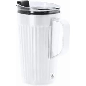 A drink bottle in white with a textured design and a black lid, featuring a sturdy handle.